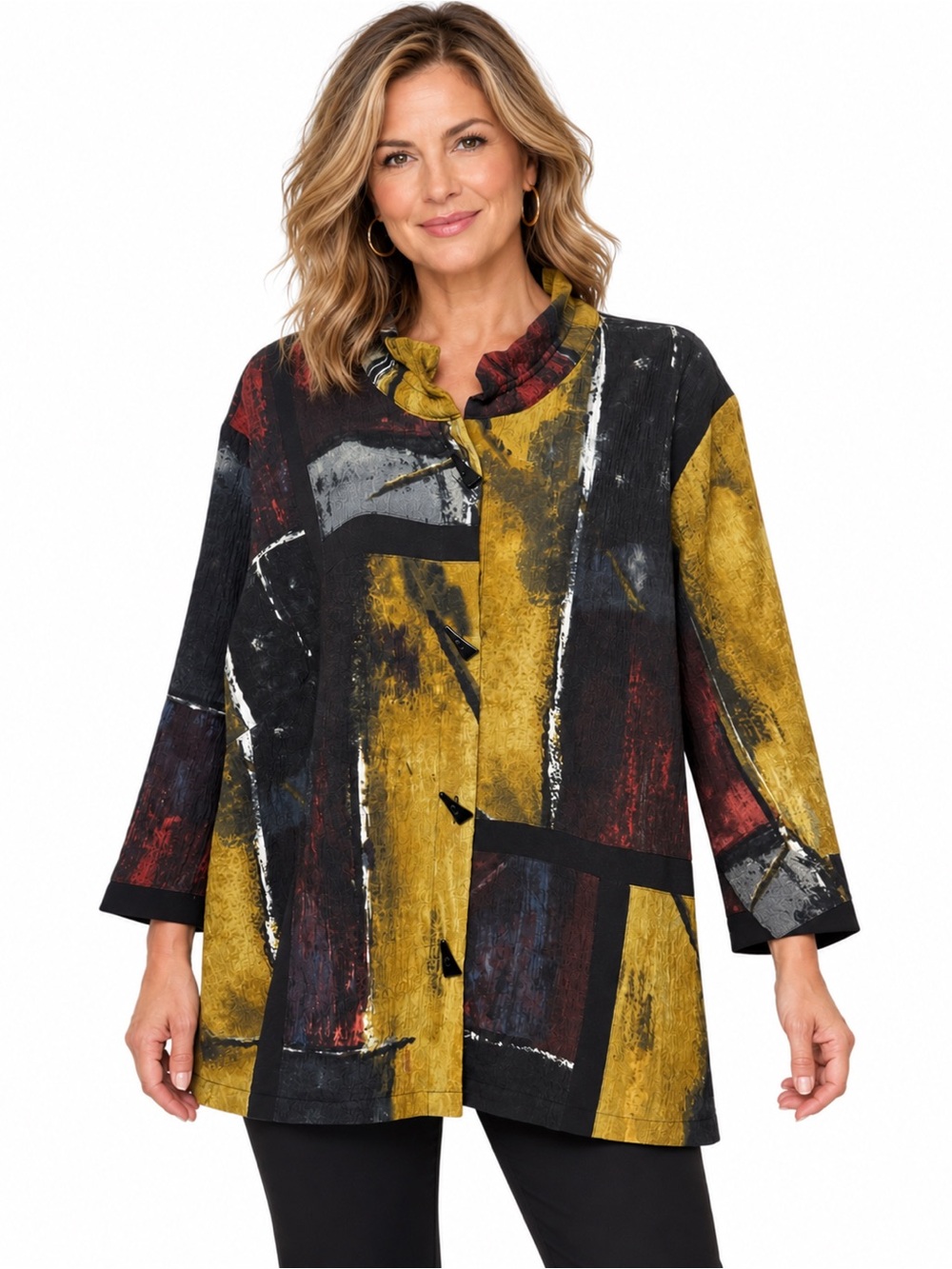 Ali Miles Multi Colored Art to Wear Buttoned Wide Sleeve Tunic Top Size 2x